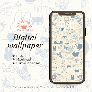 Pode incluir: Um smartphone exibindo um papel de parede digital com fundo creme e ilustrações de linhas azuis de coelhos, flores, borboletas e frutas. O texto diz Sage & Cereal, Digital wallpaper, Cute, Minimal, Hand-drawn, Mobile Lockscreen.