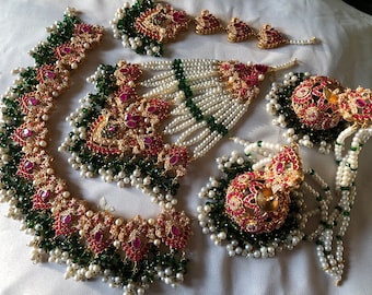 Green Pink & White Indian Pakistani  jewellery set