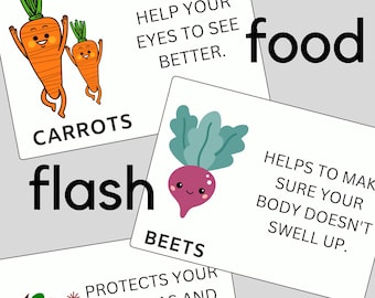 food flash cards-nutrition for kids -benefits of food-vegetables-fruits-flash cards-food characters-nutrition information-montessori food