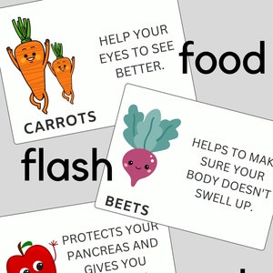 tarjetas didácticas de alimentos-nutrición para niños-beneficios de los alimentos-verduras-frutas-tarjetas didácticas-personajes de alimentos-información nutricional-comida montessori