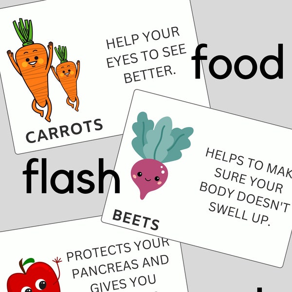 food flash cards-nutrition for kids -benefits of food-vegetables-fruits-flash cards-food characters-nutrition information-montessori food