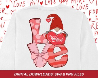 Valentine Gnome Shirt Design, Love Heart, Pink Bow (SVG PNG File)