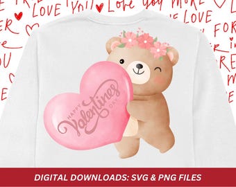 Valentines Day Teddy Bear with Heart PNG SVG (Digital Download)