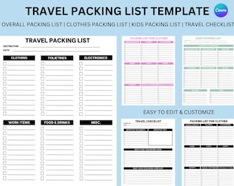 Packing List Templates Canva | Vacation Packing List | Clothes Packing List | Kids Packing List | Travel Checklist | Editable Packing List