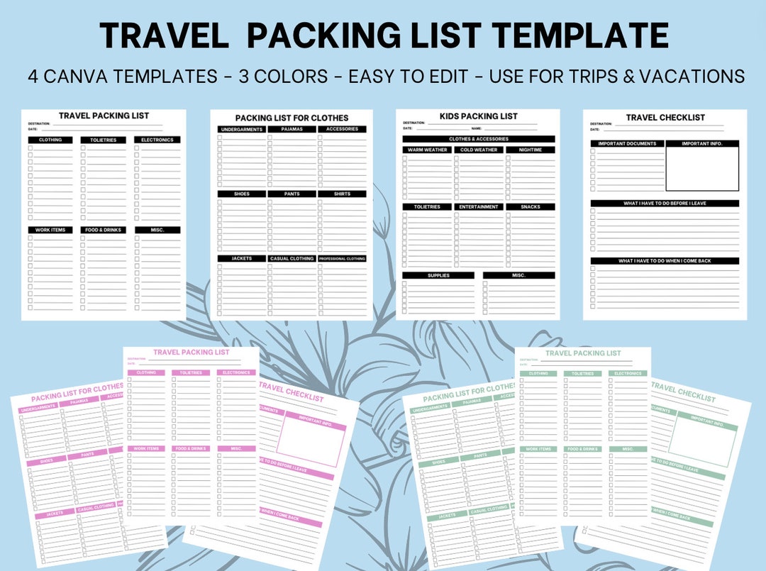 Travel Packing List 4 Canva Templates Packing List for Kids & Clothes ...