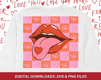 Retro Checkered Lip Shirt PNG SVG File, Valentine's Day (Digital Download)