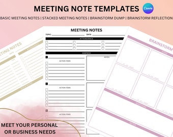 Meeting Notes Canva Template | Brainstorm, Basic, Stacked (Digital Download)