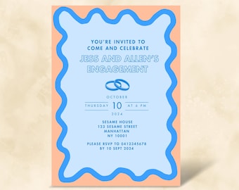 May include: A blue and peach engagement invitation with a wavy border. The invitation reads "You're invited to come and celebrate Jess and Allen's Engagement." The date is Thursday, 10 October 2024 at 6 PM. The location is Sesame House, 123 Sesame Street, Manhattan, NY 10001. The RSVP information is to call 0412345678 by 10 September 2024.