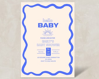 Editable Wavy Baby Shower Invitation | Hand drawn Wave Modern Invite  | Digital Download, Printable & Editable | Baby Shower Canva Template
