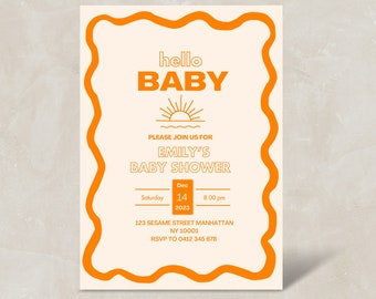 Editable Gender Neutral Baby Shower Invite: Orange, Wavy Border | Modern Bright Baby Shower Invitation | Digital & Printable| Canva Template