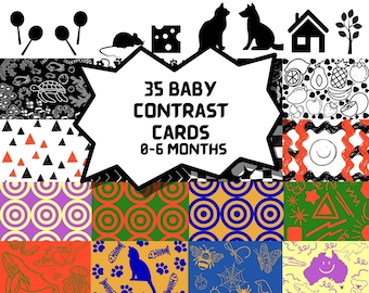 May include: A set of 35 black and white baby contrast cards for 0-6 months. The cards feature various patterns, shapes, and images, including a car, a house, a flower, a cat, a fish, a turtle, a bee, a spider, a butterfly, a smiley face, and a geometric pattern.