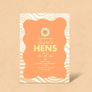 Invitation à un enterrement de vie de jeune fille des années 60 | Motif vague dessinée à la main et marguerite souriante | Invitation orange super cool de Zazzle.be Liste d'envies Créez un Magasin Vous avez des idées ? Téléchargement numérique