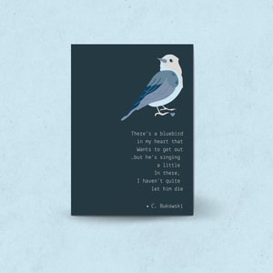 Carte de voeux poésie imprimable : Blue Bird, poème de Charles Bukowski, citation de Bukowski, carte de voeux illustrée, carte d'amant littéraire