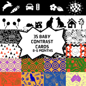Babykaarten met hoog contrast | 0 - 6 maanden | Zintuiglijke baby-flashcards | Zwart-wit contrastkaart | Gekleurde babycontrastkaart | Afdrukbaar