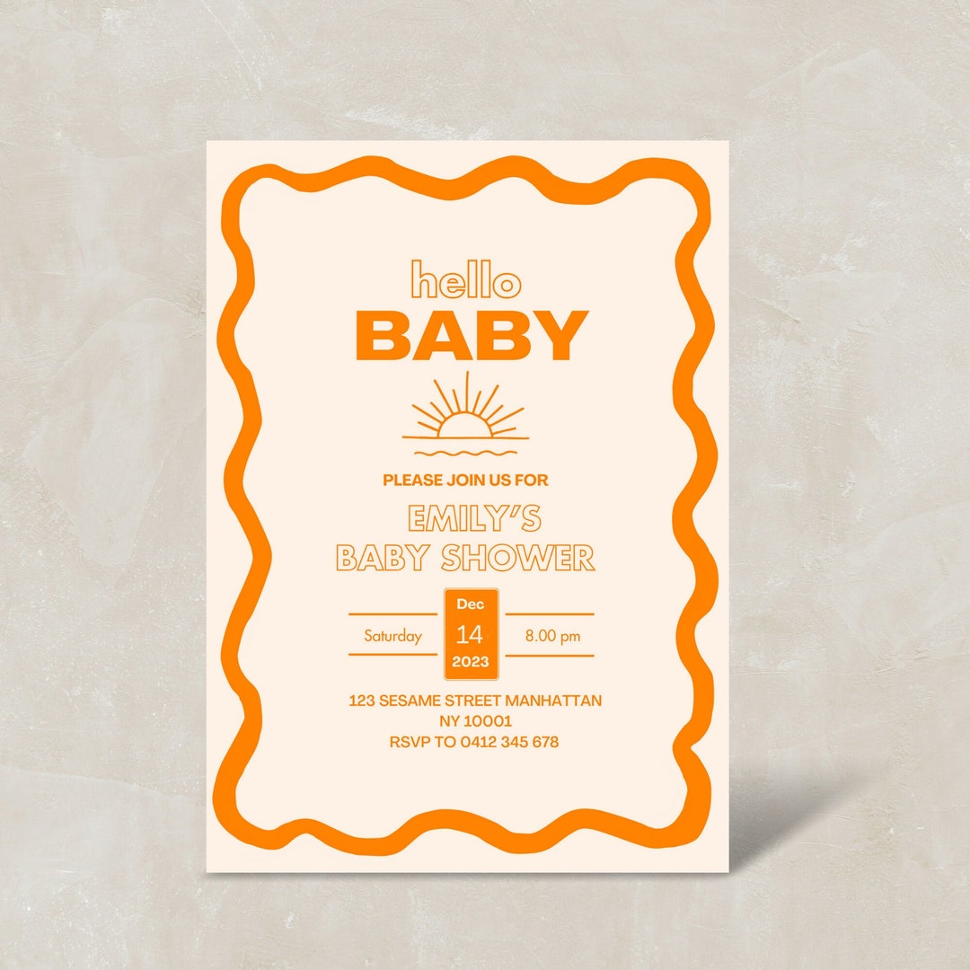 Editable Gender Neutral Baby Shower Invite: Orange, Wavy Border ...