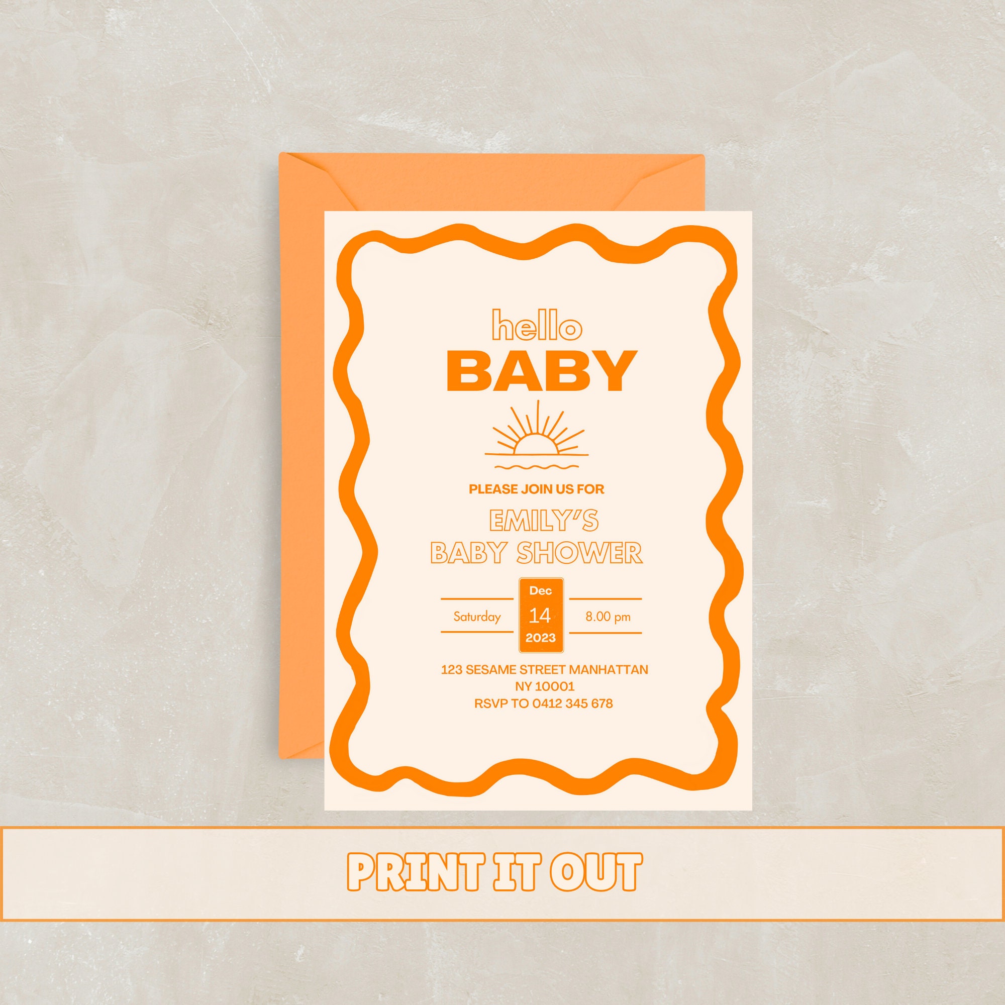 Editable Gender Neutral Baby Shower Invite: Orange, Wavy Border ...