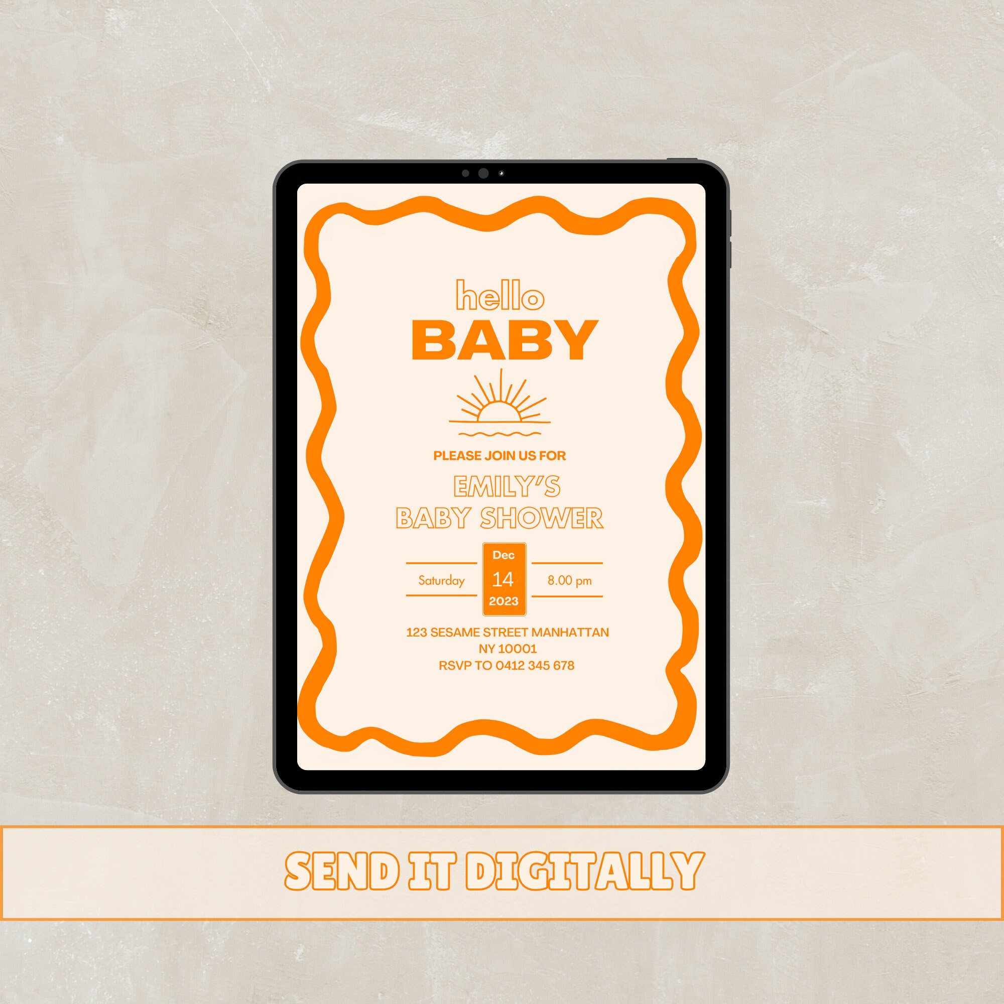 Editable Gender Neutral Baby Shower Invite: Orange, Wavy Border ...