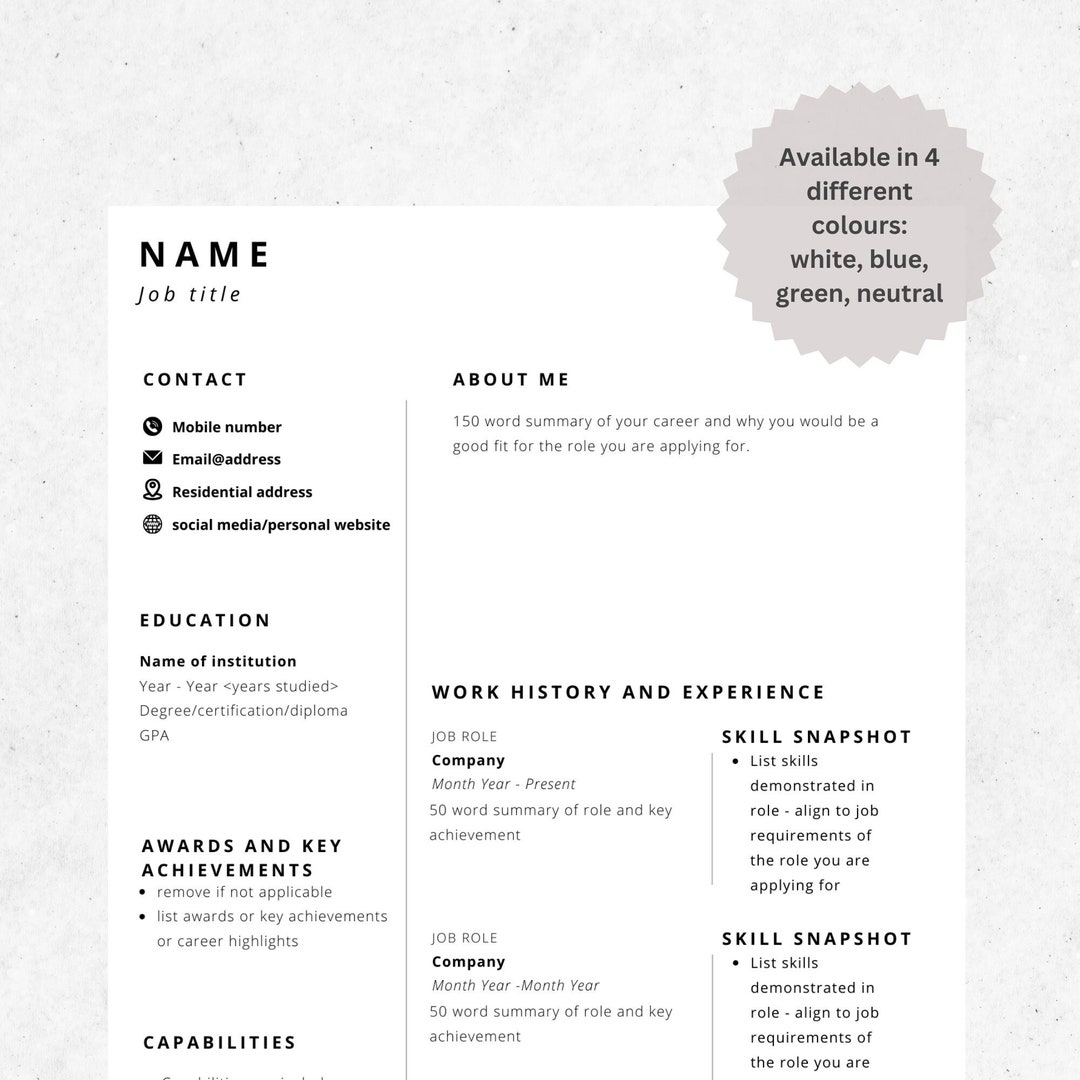 Modern Minimalist Resume Template | Editable Canva CV (4 Colors) - Etsy