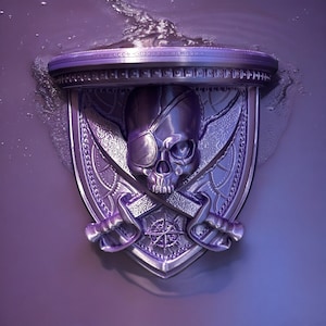 May include: A silver pirate-themed wall shelf with a skull wearing an eye patch, crossed swords, and a compass rose. The shelf has a decorative border and is set against a purple background.