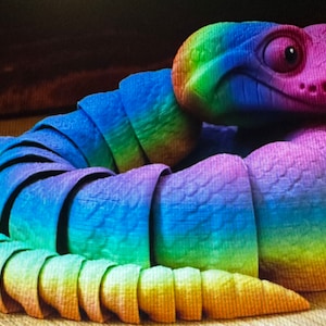 May include: A rainbow-colored segmented snake toy made of plastic. The snake is curled up in a coil with its head raised. The head has a large, round eye and a toothy grin.