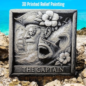 Pirate Relief Wall Art – 3D Printed Nautical Decor | Legendary Sea Captain & Shark Scene | Pirate Gift, Ocean Lover, Man Cave Art