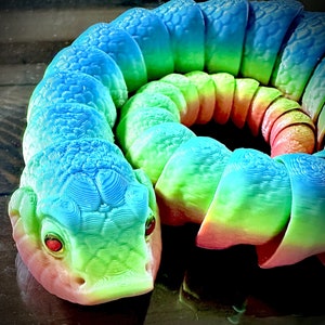 May include: A 3D printed rainbow colored segmented worm with a textured surface. The worm is curled into a circle with the head facing the viewer. The head has red eyes.