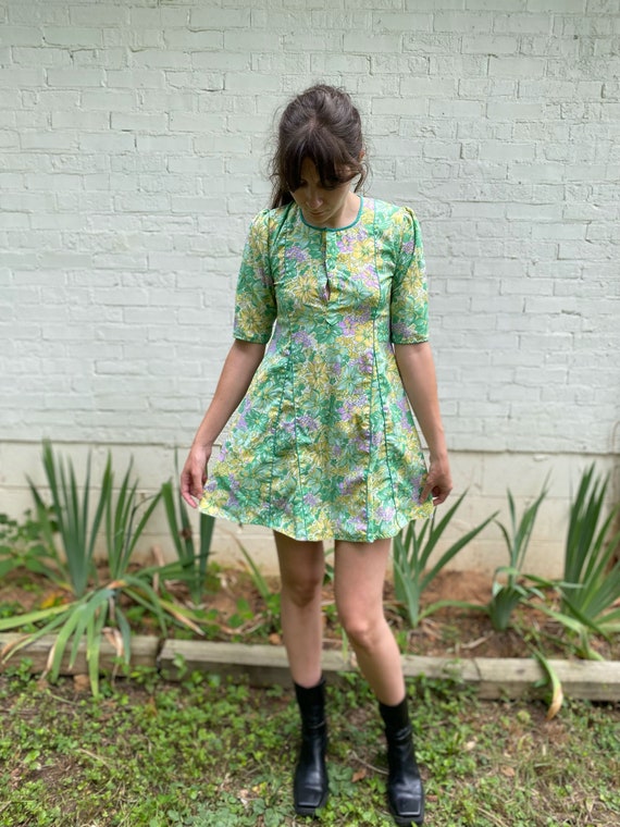 Green garden flower dress - 緑ドレス - Vintage 60's -… - image 2