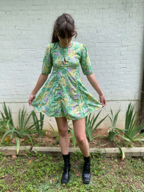 Green garden flower dress - 緑ドレス - Vintage 60's -… - image 1
