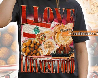 Maglietta "Amo il cibo libanese", T-shirt per amanti del cibo libanese, Felpa divertente per buongustai, Felpa con cappuccio con meme e battuta, Maglietta grafica unisex anni '90