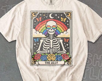 Camiseta con diseño de la carta del tarot Ally, camiseta del orgullo LGBTQ, sudadera con estampado de esqueleto, camiseta gráfica unisex.
