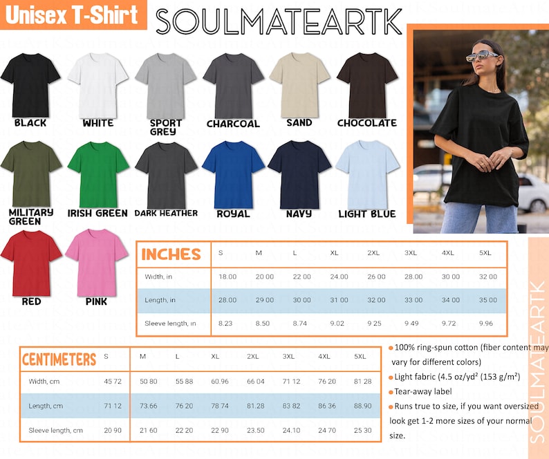 May include: Unisex t-shirt mockup in various colors, including black, white, sport grey, charcoal, sand, chocolate, military green, Irish green, dark heather, royal, navy, and light blue. The t-shirt is available in sizes S-5XL. The size chart is shown in inches and centimeters.