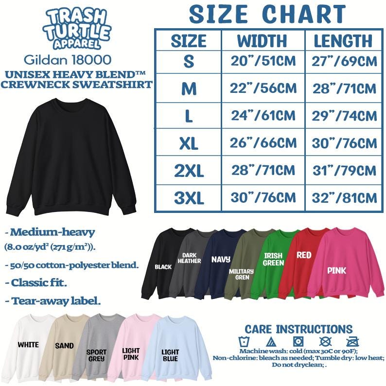 Puede incluir: Una sudadera negra de cuello redondo con una tabla de tallas que muestra anchos y largos de 51 cm a 76 cm y de 69 cm a 81 cm. Incluye muestras de colores para negro, gris oscuro, azul marino, verde militar, verde irland&eacute;s, rojo, rosa, blanco, arena, gris deportivo, rosa claro y azul claro.