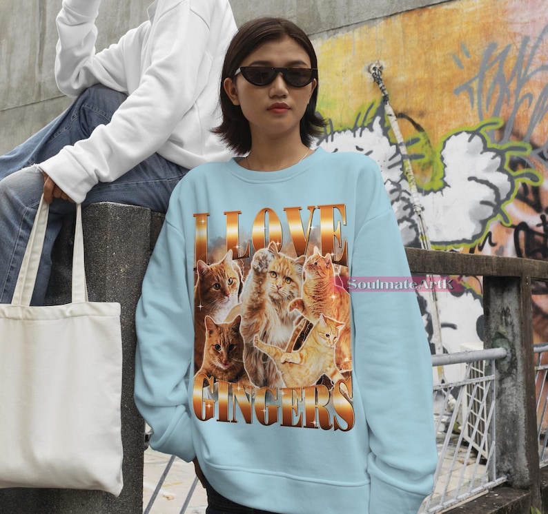 May include: A light blue sweatshirt with a graphic print of multiple orange tabby cats and the text "I LOVE GINGERS".