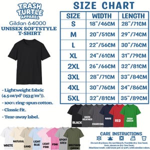 May include: A Gildan 64000 unisex softstyle t-shirt size chart featuring a black t-shirt, a table with widths and lengths from 18 to 32 inches and 28 to 35 inches, fabric details of 4.5 oz/yd2, 100% ring-spun cotton, and various color swatches.