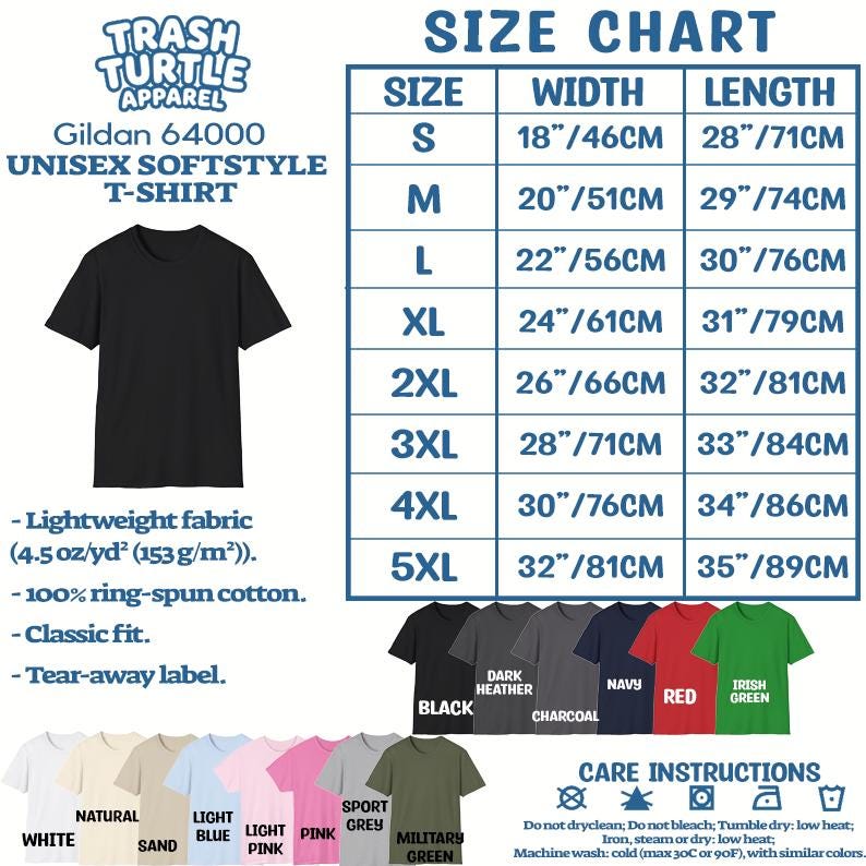 May include: A Gildan 64000 unisex softstyle t-shirt size chart featuring a black t-shirt, a table with widths and lengths from 18 to 32 inches and 28 to 35 inches, fabric details of 4.5 oz/yd2, 100% ring-spun cotton, and various color swatches.