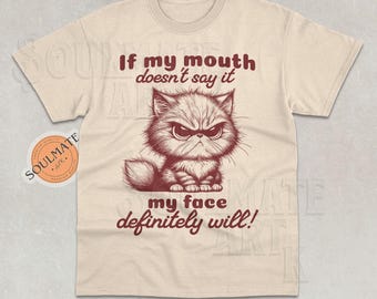 Camiseta "Si mi boca no lo dice, mi cara lo dirá", camiseta con frase divertida, sudadera sarcástica, sudadera con capucha de gato meme, camiseta unisex de chiste de los 90