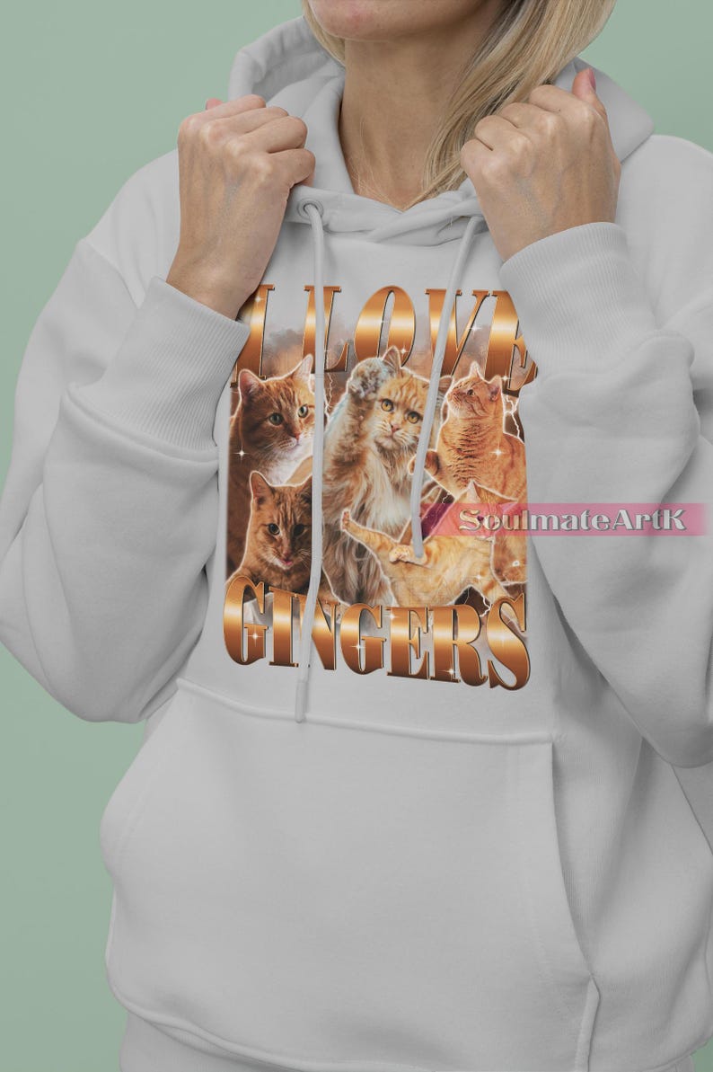 May include: A white hoodie with a graphic print of orange tabby cats and the text "I LOVE GINGERS".