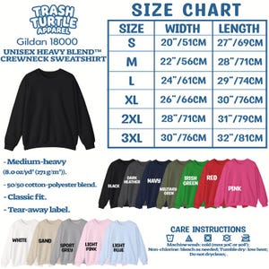 May include: A black Gildan 18000 unisex heavy blend crewneck sweatshirt with a size chart showing widths from 20 to 30 inches and lengths from 27 to 32 inches. Includes color swatches, fabric weight of 8.0 oz/yd2, 50/50 cotton-polyester blend, and care instructions.