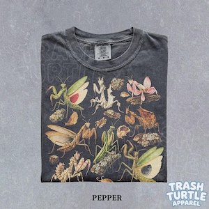 Può includere: Una t-shirt a girocollo grigio antracite con una stampa grafica dettagliata di varie mantidi religiose in tonalità di verde, marrone e rosa. La maglia presenta un'etichetta Comfort Colors all'interno del collo e la parola PEPPER stampata in basso.