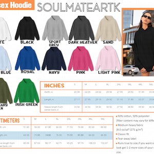 May include: Unisex hoodie in various colors, including white, black, light blue, pink, and green. The hoodie is available in sizes S to 5XL. The size chart is shown in inches and centimeters. The fabric is 50% cotton and 50% polyester.