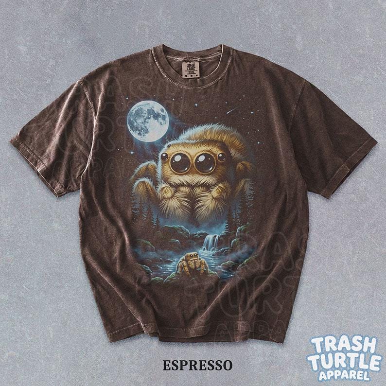 May include: A brown short-sleeve t-shirt featuring a graphic of a large, fuzzy jumping spider with big eyes under a full moon. Below the spider, a smaller spider sits near a waterfall in a forest setting. The shirt has a tag labeled Trash Turtle.