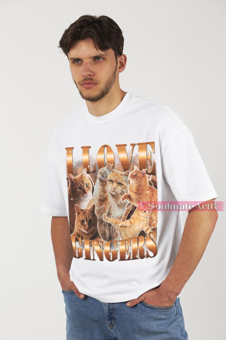 May include: White t-shirt with a graphic print of orange tabby cats and the text "I LOVE GINGERS".