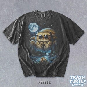 May include: A charcoal gray short-sleeve t-shirt featuring a graphic of a large, fluffy, brown jumping spider with big eyes, positioned above a smaller spider near a waterfall and forest under a full moon and starry night sky.