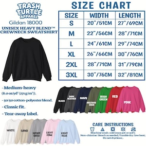 May include: Black crewneck sweatshirt with a size chart and color options. The size chart shows measurements from S to 3XL, with widths from 20" to 30" and lengths from 27" to 32". Available colors include black, dark heather, navy, and pink.