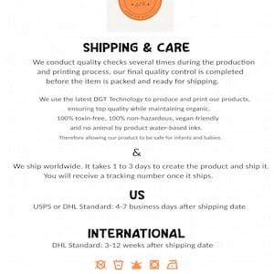 May include: Shipping and care instructions for a product. The text includes information about the production process, quality control, shipping times, and care instructions. The care instructions include a machine wash symbol, a do not bleach symbol, a tumble dry symbol, an iron symbol, and a do not dry clean symbol.
