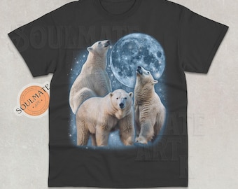 Three Polar Bears Moon Shirt, Vintage Graphic Polar Bear Tshirt, Bear Lover Sweatshirt, Funny Bear Hoodie, Unisex 90s Moon Tee