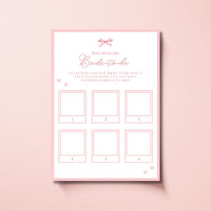 Coleção Laço Rosa: Quantos Anos Tinha a Noiva? Modelo de Jogo | Jogo de Chá de Panela | Download Editável do Canva | Jogo de Adivinhação para Imprimir
