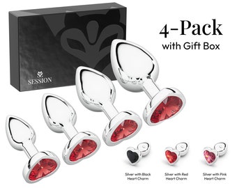 Session 4pc Butt Plug Beginner Set (XS, S, M, L), Safer Wide Base Prevents Slippage, Heart Jewel Charm Metal Anal Sex Adult Toy