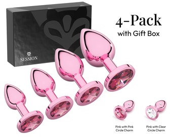 Session 4pc Butt Plug Beginner Set (XS, S, M, L), Safer Wide Base Prevents Slippage, Circle Jewel, Pink Metal Anal Sex Adult Toy