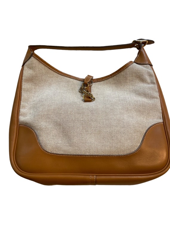 Vintage Hermes Toile Trim Handbag, toile with cogn